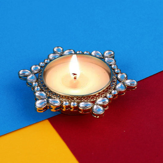 Saloni Fashion Jewellery Traditional Delightful Round and Flower Design Brass Gold Plated White Stone Festival Decorative Deep / Diya