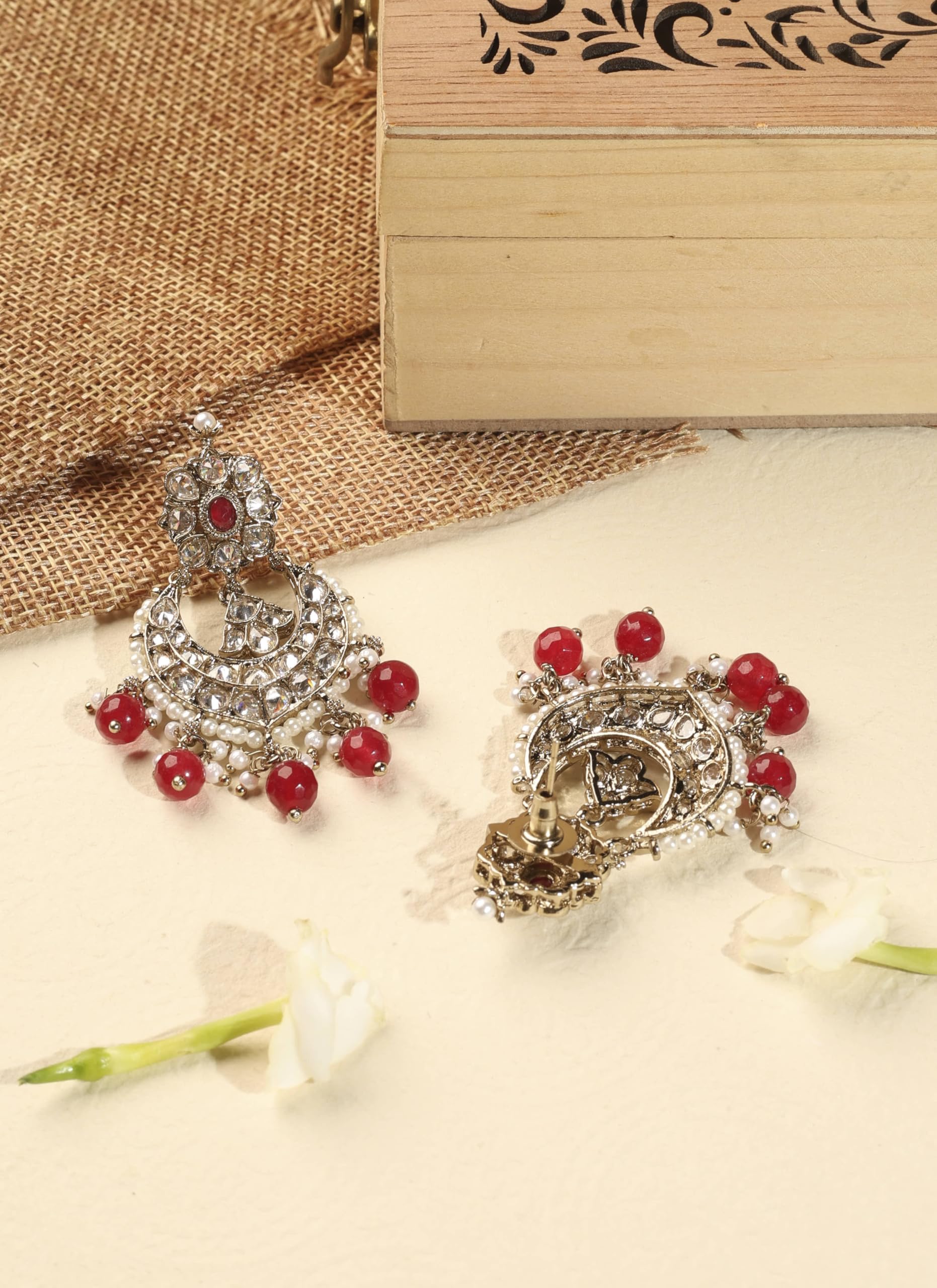 Saloni Fashion Jewellery Fashionable Chandelier Shape and Red Pearl Brown Kundan Stone Antique Gold Plated Brass Chandelier Earring With Maang Tikka For Women and Girls