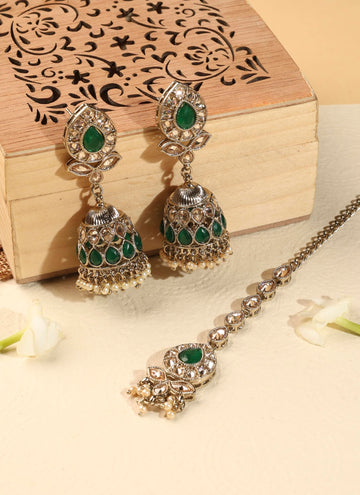 Saloni Fashion Jewellery Creative Leaf and Oval Shape Green Kundan Stone Antique Gold Plated Jhumki Earring With Maang Tikka For Women and Girls