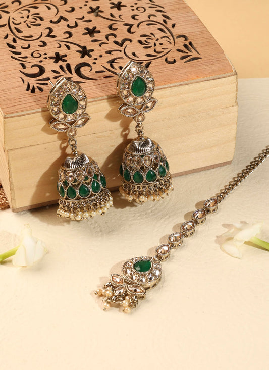 Saloni Fashion Jewellery Creative Leaf and Oval Shape Green Kundan Stone Antique Gold Plated Jhumki Earring With Maang Tikka For Women and Girls