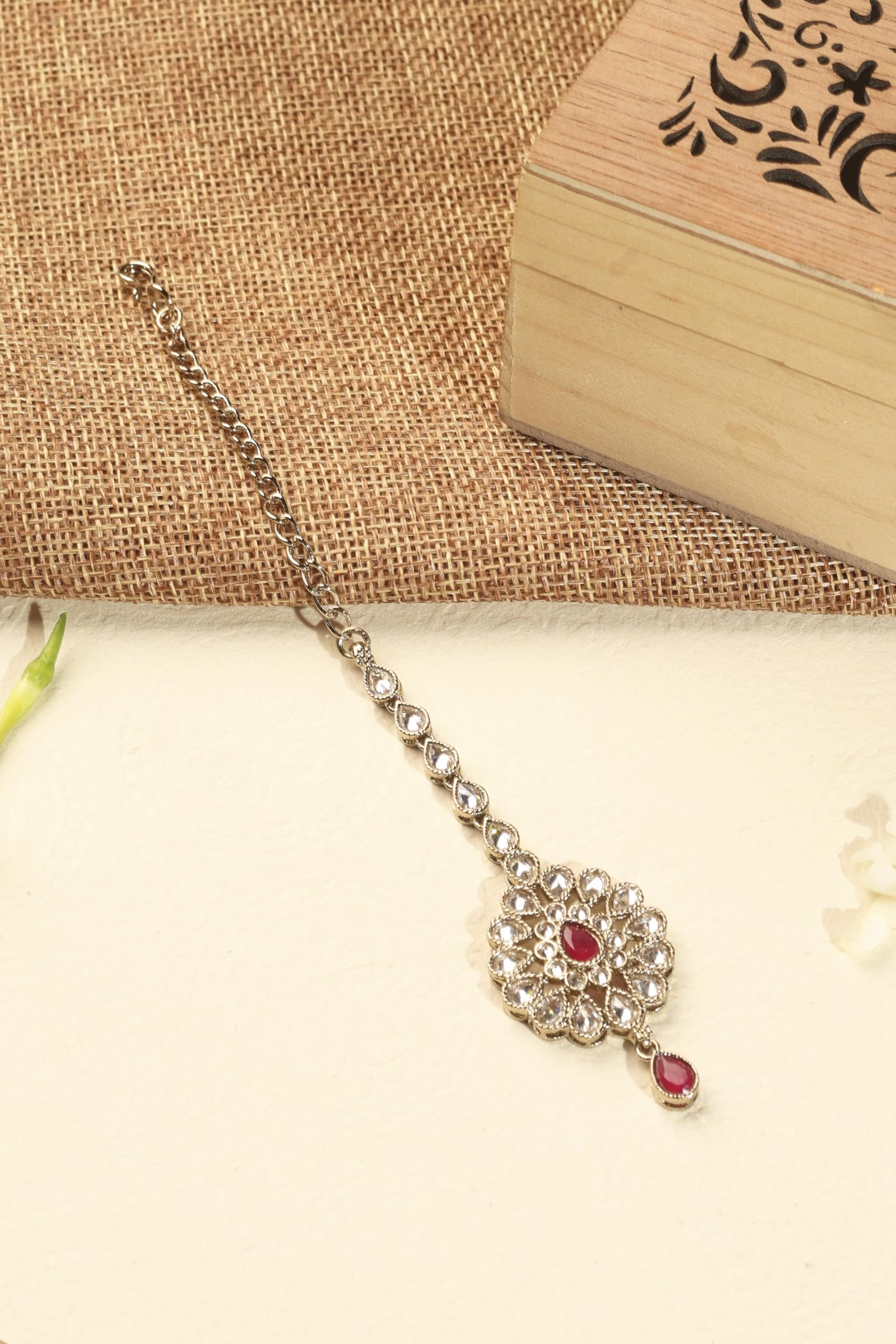 Saloni Fashion Jewellery Glamorous Round and Flower Shape Red Kundan Stone Antique Gold Plated Brass Dangle Earring With Maang Tikka For Women and Girls