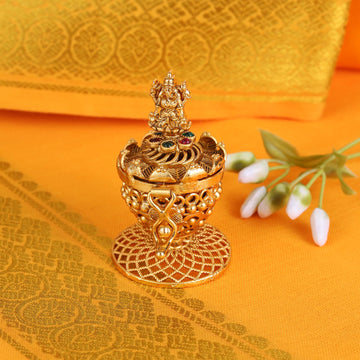 Saloni Fashion Jewellery Traditional Laxmi and Peacock Design Gold Plated Brass Set of 2 Combo Sindoor Dani/Dibbi For Women