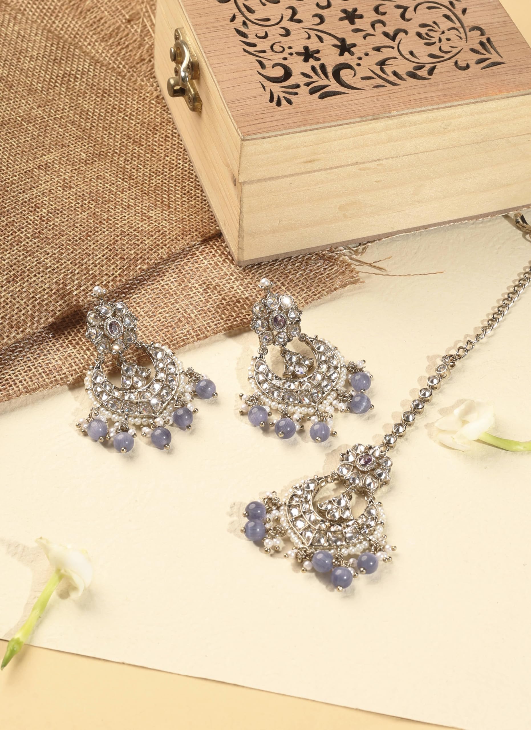 Saloni Fashion Jewellery Fascinating Chandelier Shape and Purple Pearl Brown Kundan Stone Antique Gold Plated Brass Chandelier Earring With Maang Tikka For Women and Girls