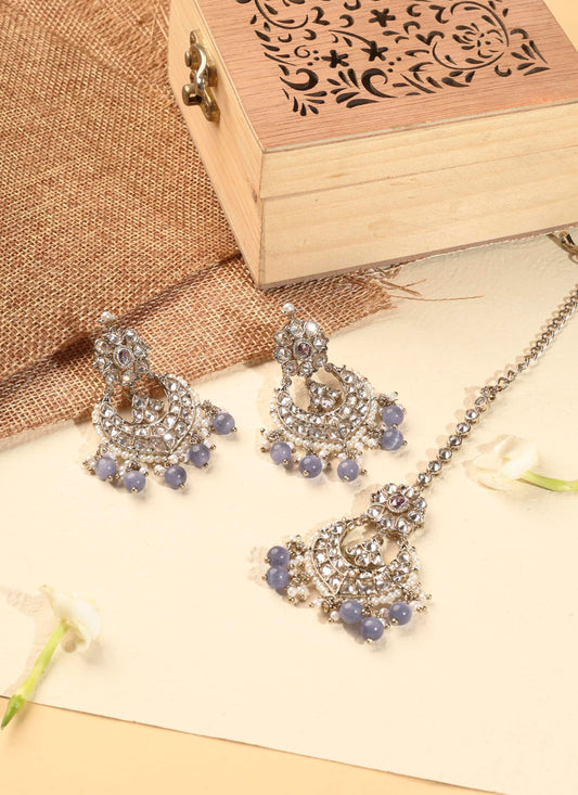Saloni Fashion Jewellery Fascinating Chandelier Shape and Purple Pearl Brown Kundan Stone Antique Gold Plated Brass Chandelier Earring With Maang Tikka For Women and Girls