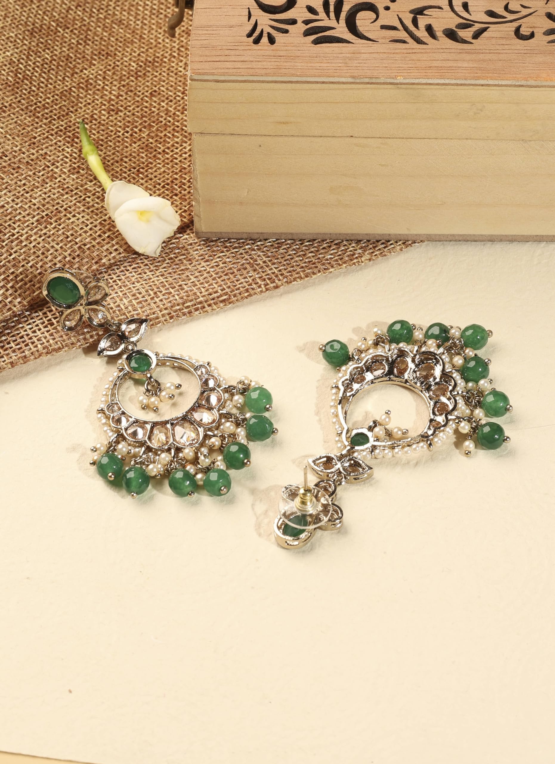 Saloni Fashion Jewellery Inspired Circle and Leaf Shape Green Pearl Brown Kundan Stone Antique Gold Plated Brass Chandelier Earring With Maang Tikka For Women and Girls
