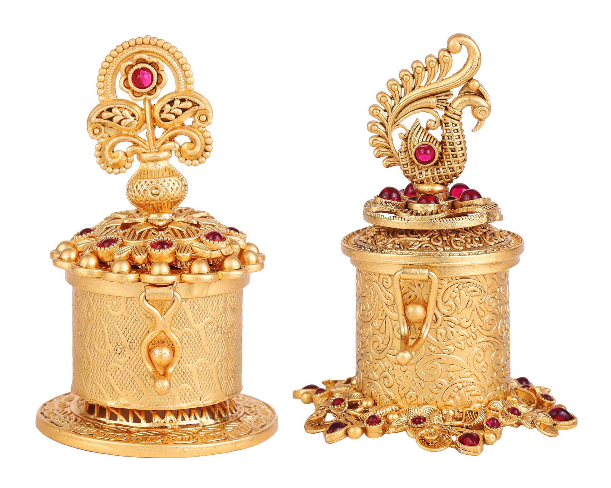 Saloni Fashion Jewellery Traditional Peacock Flower and Kalasha(Waterpot) Design Gold Plated Brass Set of 2 Combo Sindoor Dani/Dibbi For Women