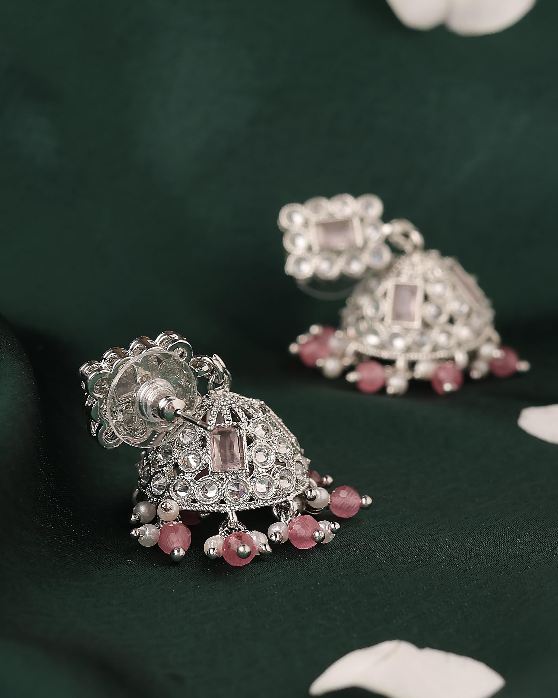 Saloni Fashion Jewellery Dazzling Square Shape Silver Plated Pink Kundan Stone Jhumki Earring For Women and Girls