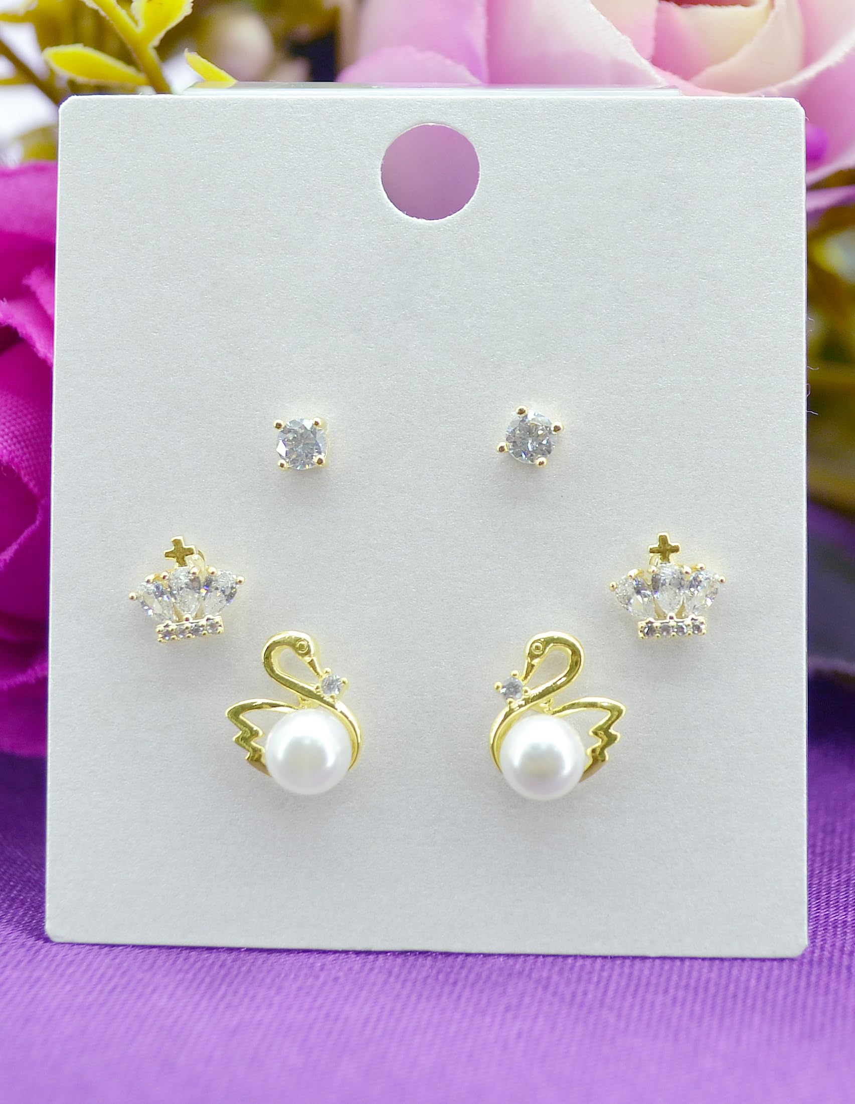 Saloni Fashion Jewellery Modern Duck Bird Design Pearl CZ Kundan Brass Gold Plated Set of 3 Combo Stud Earring For Women and Girls