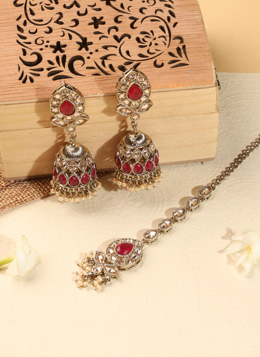 Saloni Fashion Jewellery Classy Leaf and Oval Shape Green Kundan Stone Antique Gold Plated Jhumki Earring With Maang Tikka For Women and Girls