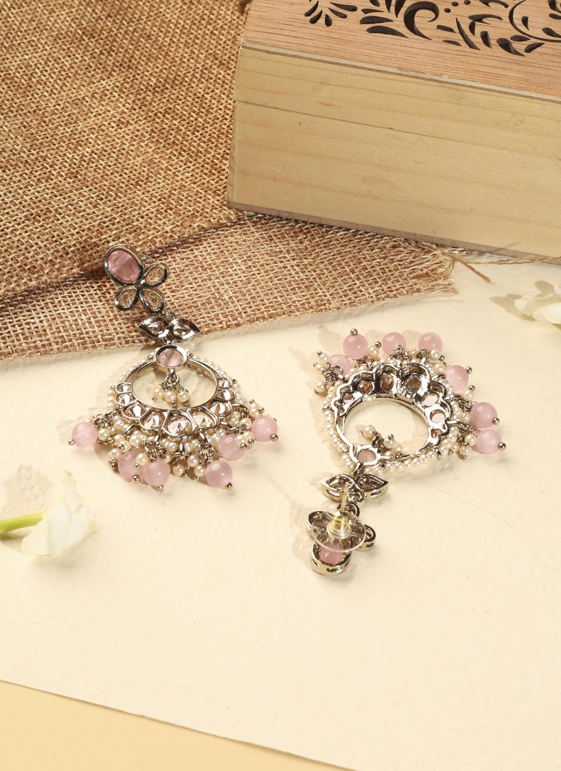 Saloni Fashion Jewellery Graceful Circle and Leaf Shape Pink Pearl Brown Kundan Stone Antique Gold Plated Brass Chandelier Earring With Maang Tikka For Women and Girls