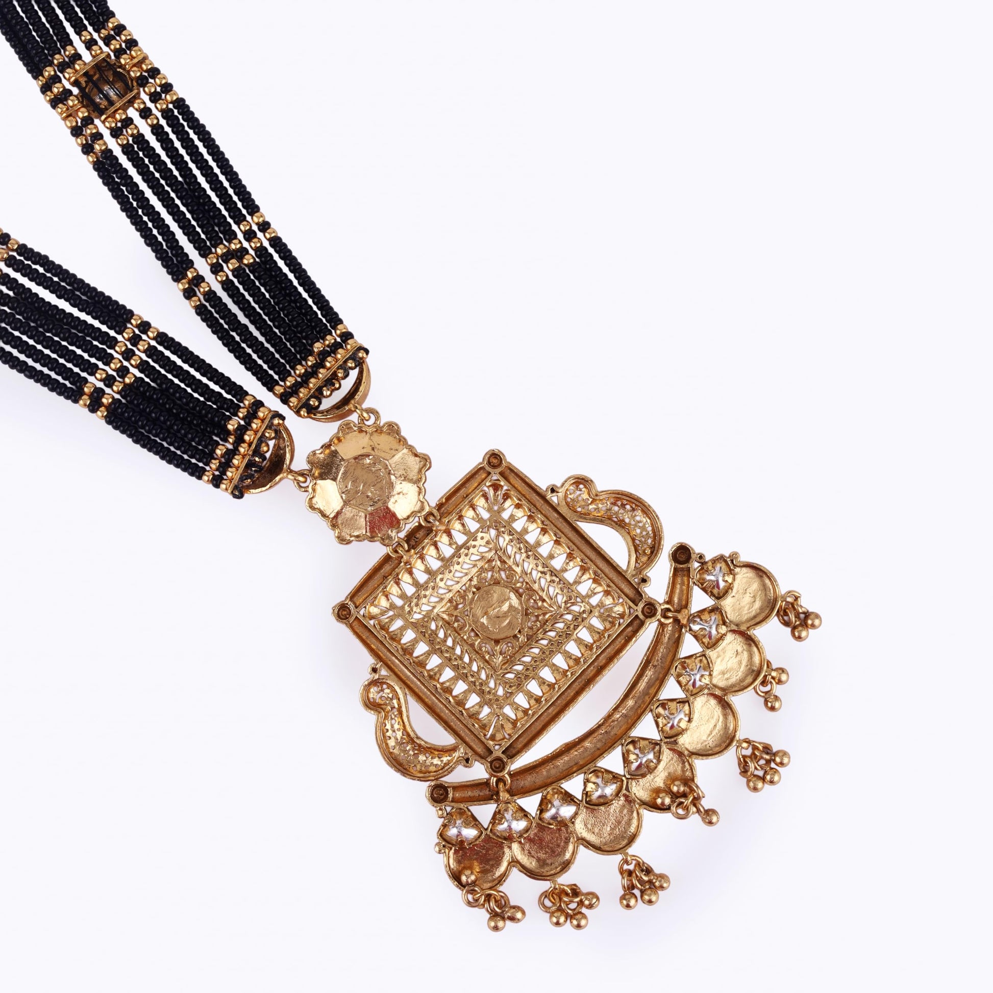 Saloni Fashion Jewellery Traditional Flower and Square Shape Black Bead Gold Plated Long Bead Chain Mangalsutra For Women