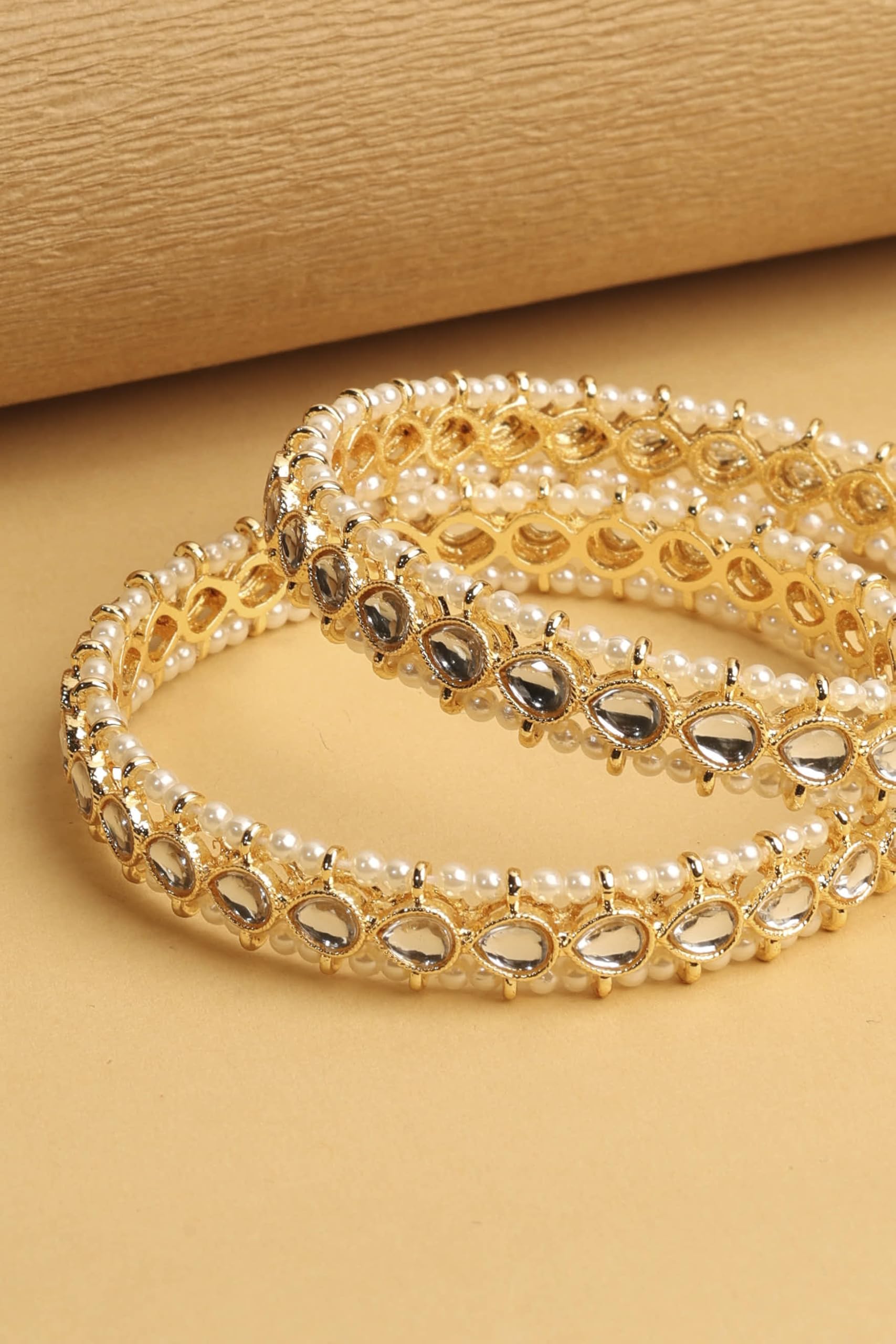 Saloni Fashion Jewellery Traditional Oval Shape Pearl White Kundan Stone Gold Plated Set of 2 Bangle Set For Women and Girls