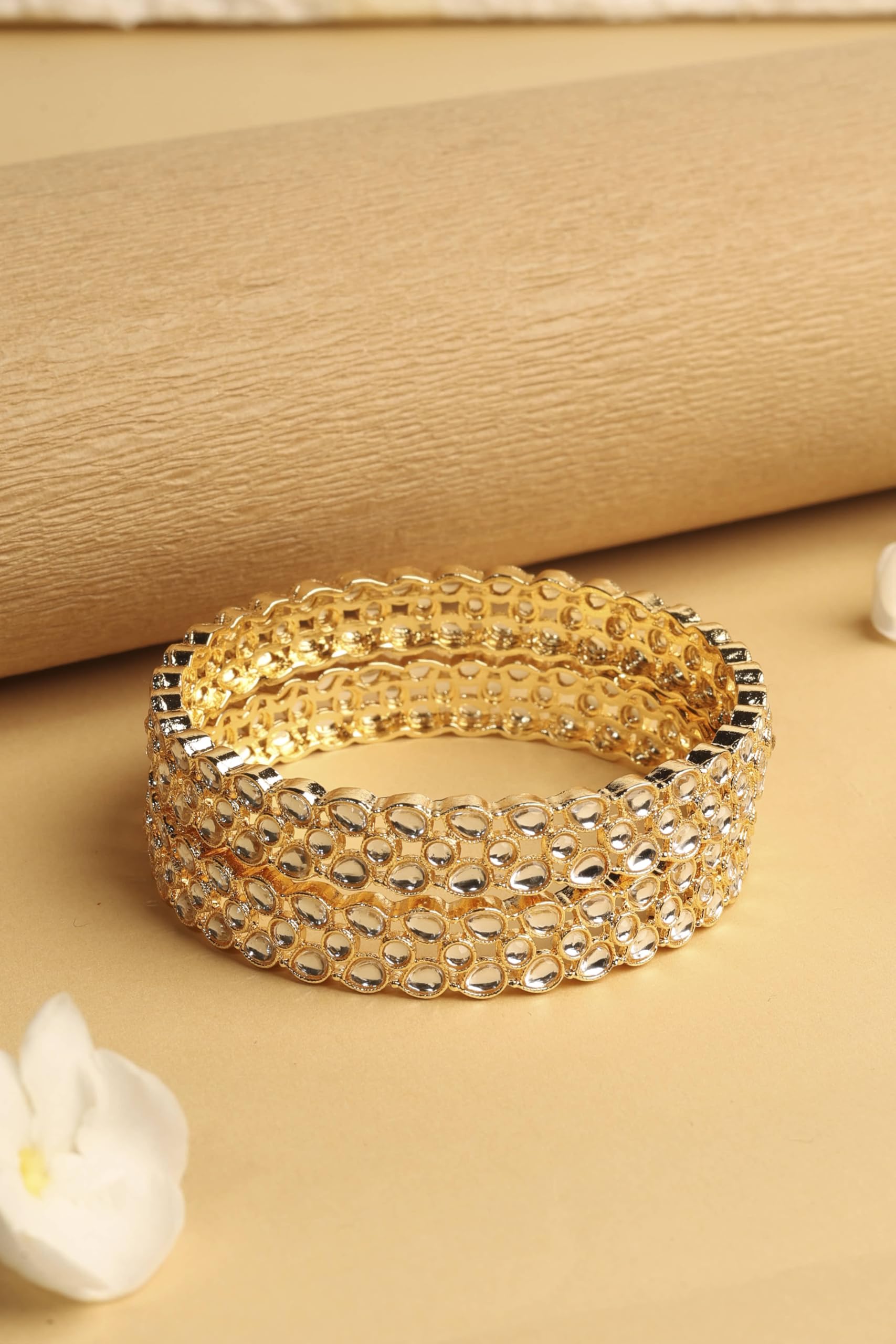 Saloni Fashion Jewellery Traditional Oval Shape White Kundan Stone Gold Plated Set of 2 Bangle Set For Women and Girls