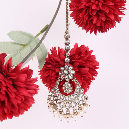 Saloni Fashion Jewellery Traditional Chandelier and Flower Shape Silver Gold Plated Maang Tikka For Women
