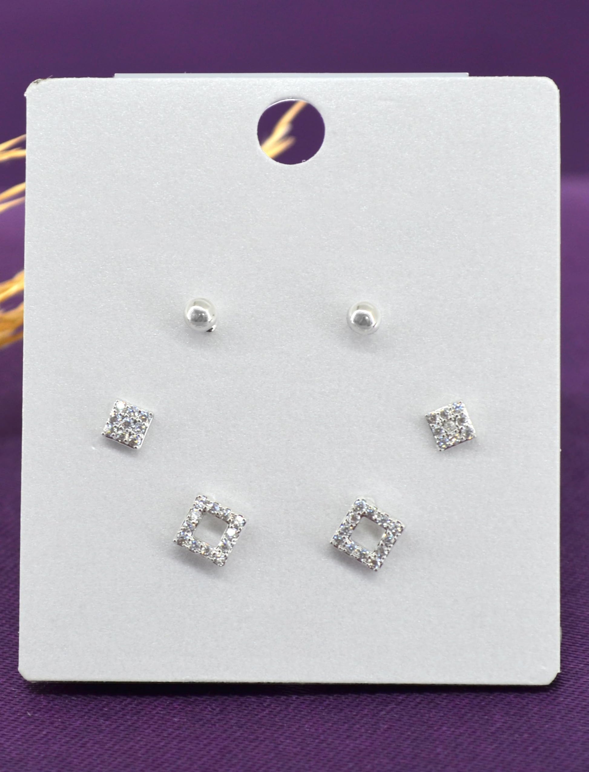 Saloni Fashion Jewellery Pretty Traingle Shape CZ Brass Silver Plated Set of 3 Combo Stud Earring For Women and Girls
