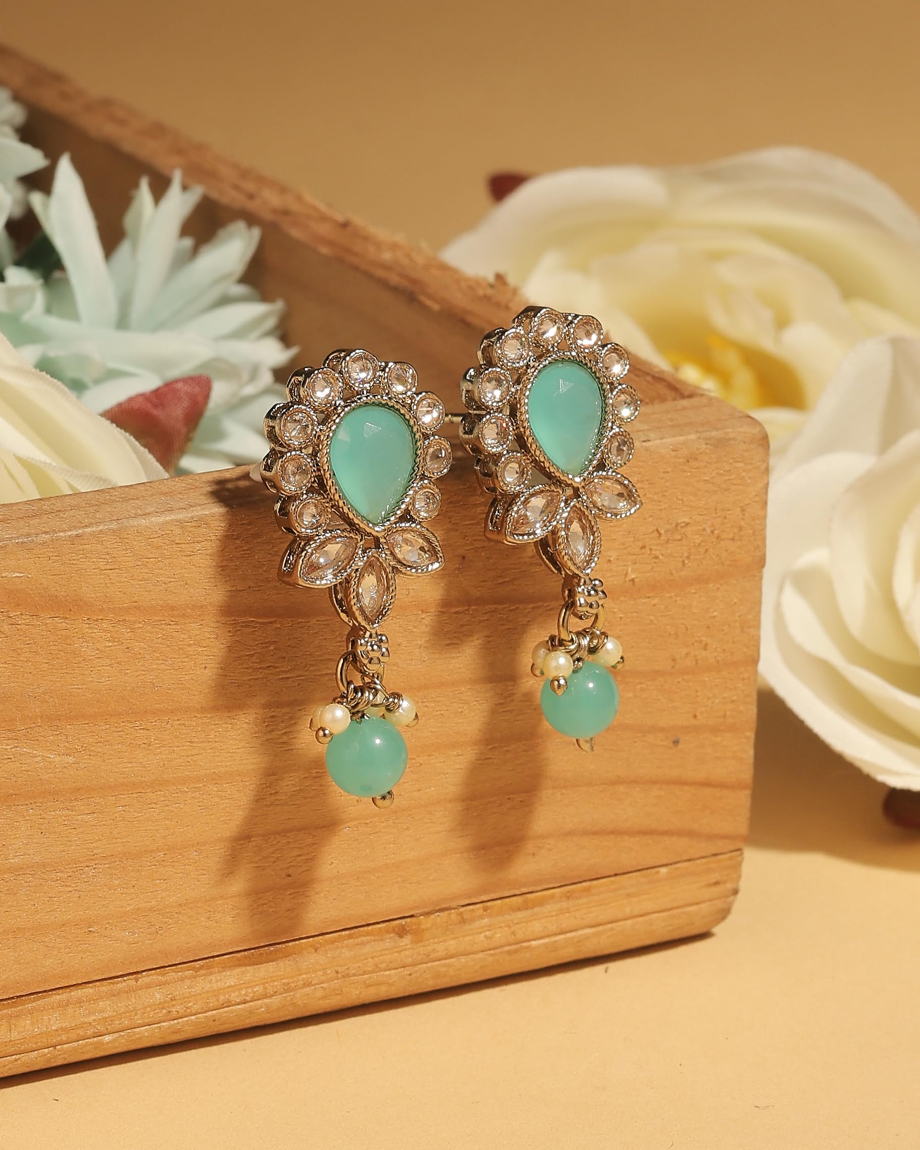 Saloni Fashion Jewellery Exceptional Oval and Leaf Design Gold Plated Sky Blue Kundan Stone Dangle Earring For Women and Girls