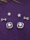 Flower and Bow Design CZ Brass Silver Plated Set of 3 Combo Stud Earring