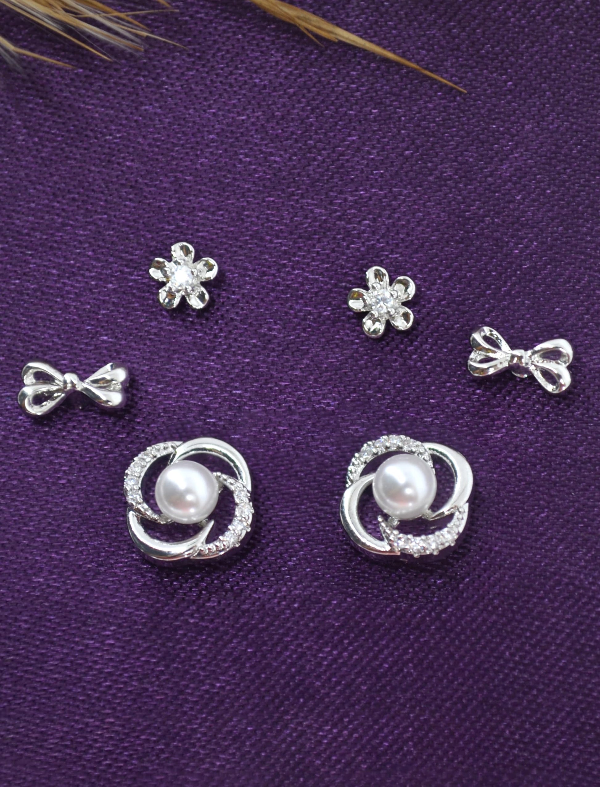 Saloni Fashion Jewellery Smooth Flower and Bow Design CZ Brass Silver Plated Set of 3 Combo Stud Earring For Women and Girls