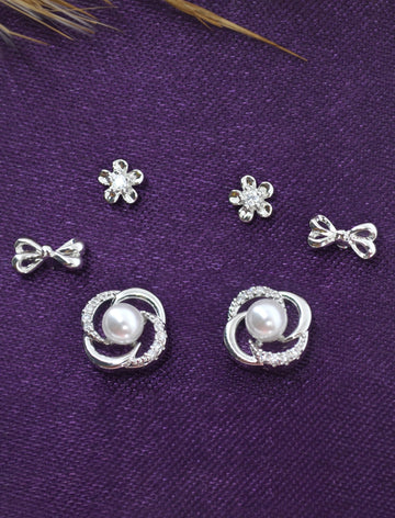 Saloni Fashion Jewellery Smooth Flower and Bow Design CZ Brass Silver Plated Set of 3 Combo Stud Earring For Women and Girls