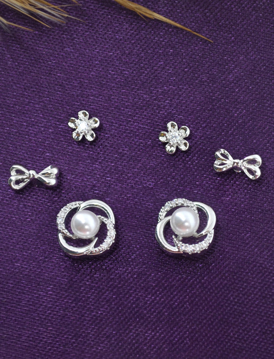 Saloni Fashion Jewellery Smooth Flower and Bow Design CZ Brass Silver Plated Set of 3 Combo Stud Earring For Women and Girls