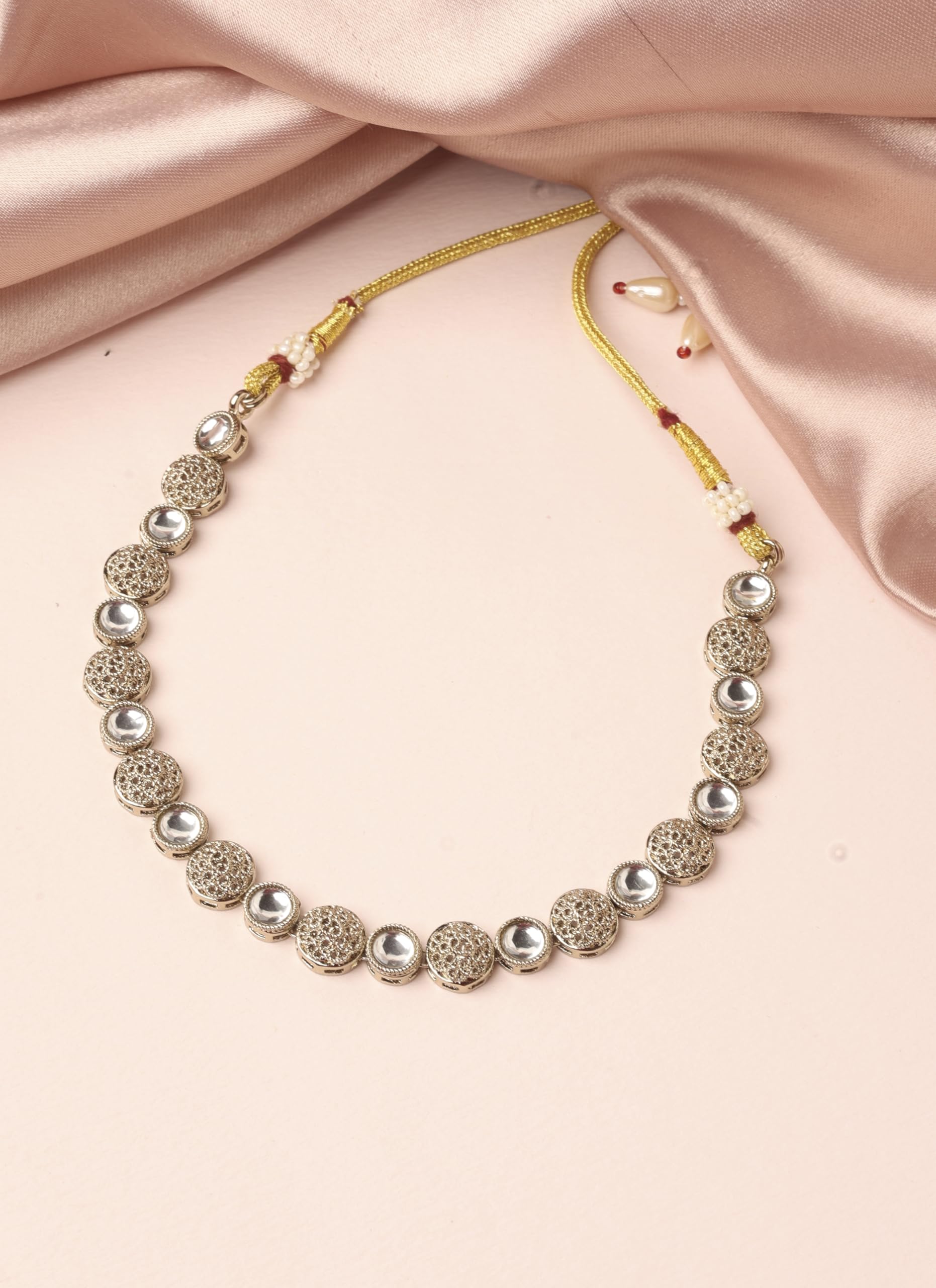 Saloni Fashion Jewellery Pleasant Round Shape White Kundan Stone Antique Gold Plated Choker Brass Necklace With Maang Tikka For Women and Girls