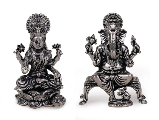 Saloni Fashion Jewellery Lord Ganesha and Devi Laxmi Oxidised Silver Plated Combo Set of 2 Idol/Murti Home And Office Decorative Gifting