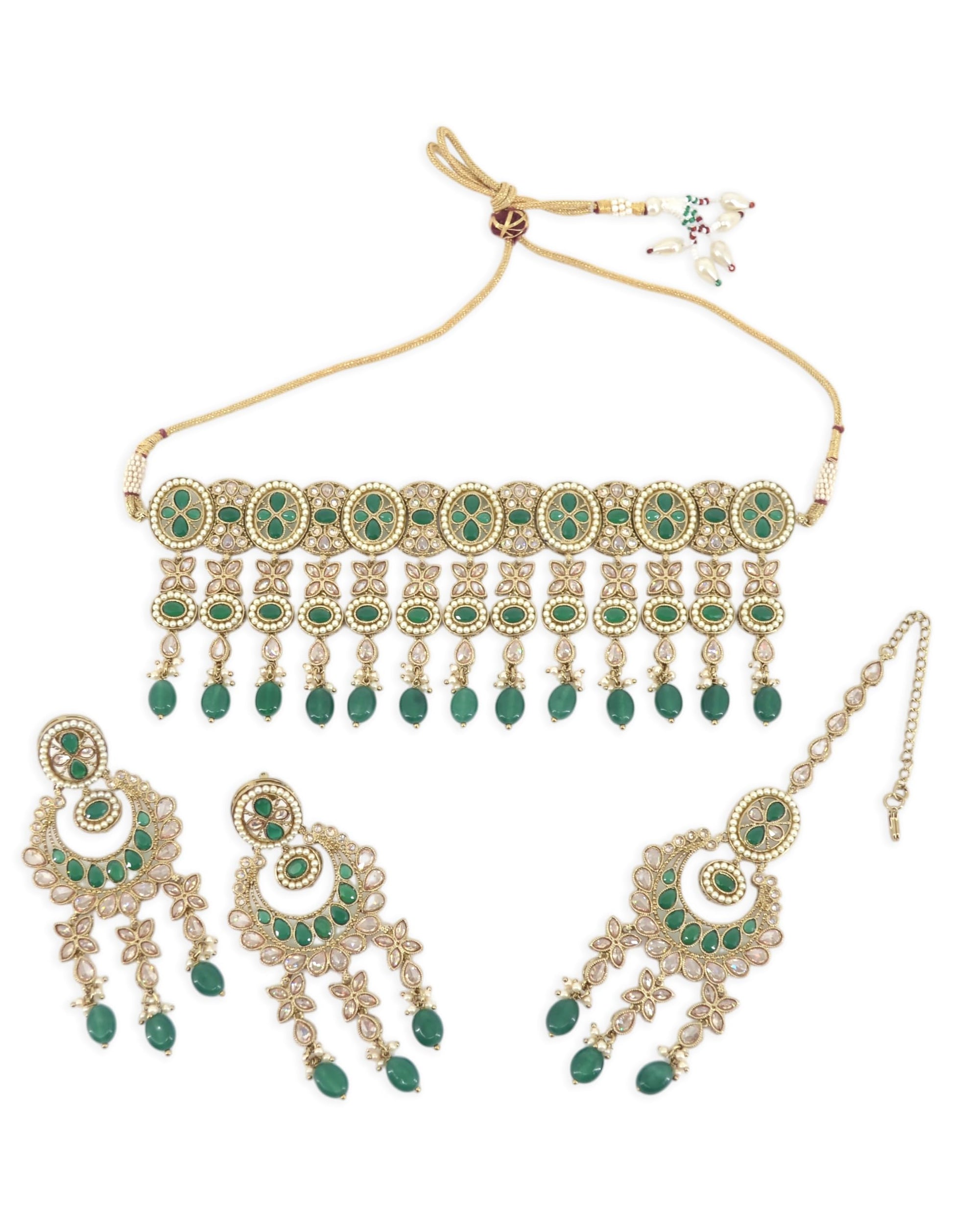 Saloni Fashion Jewellery Wavy Round and Flower Design Uncut Kundan Gold Plated Choker Necklace Set with Maangtikka For Women and Girls