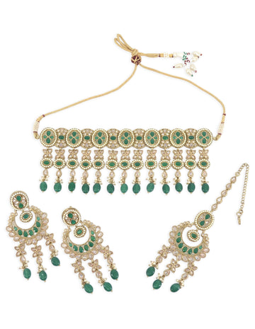 Saloni Fashion Jewellery Wavy Round and Flower Design Uncut Kundan Gold Plated Choker Necklace Set with Maangtikka For Women and Girls