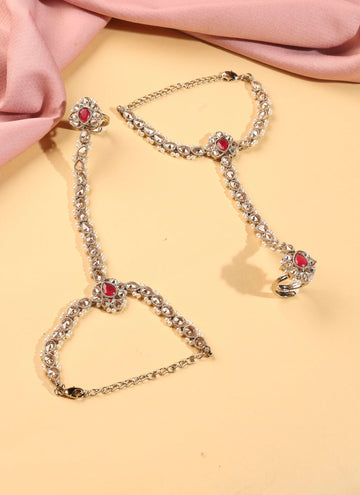 Saloni Fashion Jewellery Exotic Flower and Oval Shape Pearl Red Kundan Stone Antique Gold Plated Set of 2 Brass Hathpaan(Hathphool) For Women and Girls