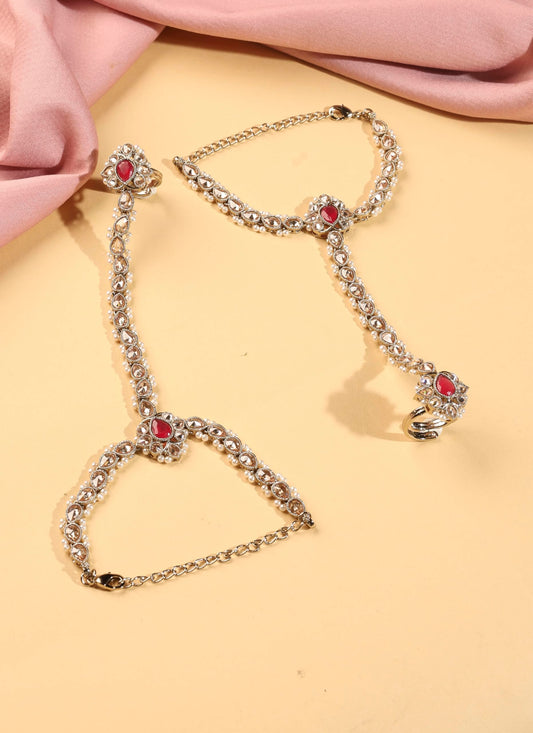 Saloni Fashion Jewellery Exotic Flower and Oval Shape Pearl Red Kundan Stone Antique Gold Plated Set of 2 Brass Hathpaan(Hathphool) For Women and Girls