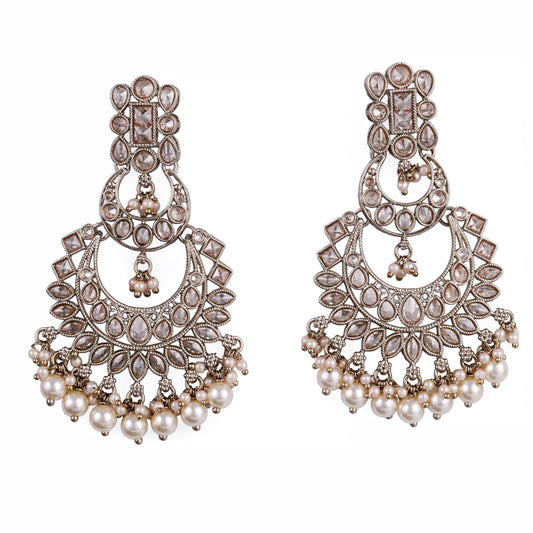 Saloni Fashion Jewellery Incredible Pear and Chandelier Shape Mother of Pearl White Uncut Kundan Stone Antique Gold Plated Earring For Women and Girls