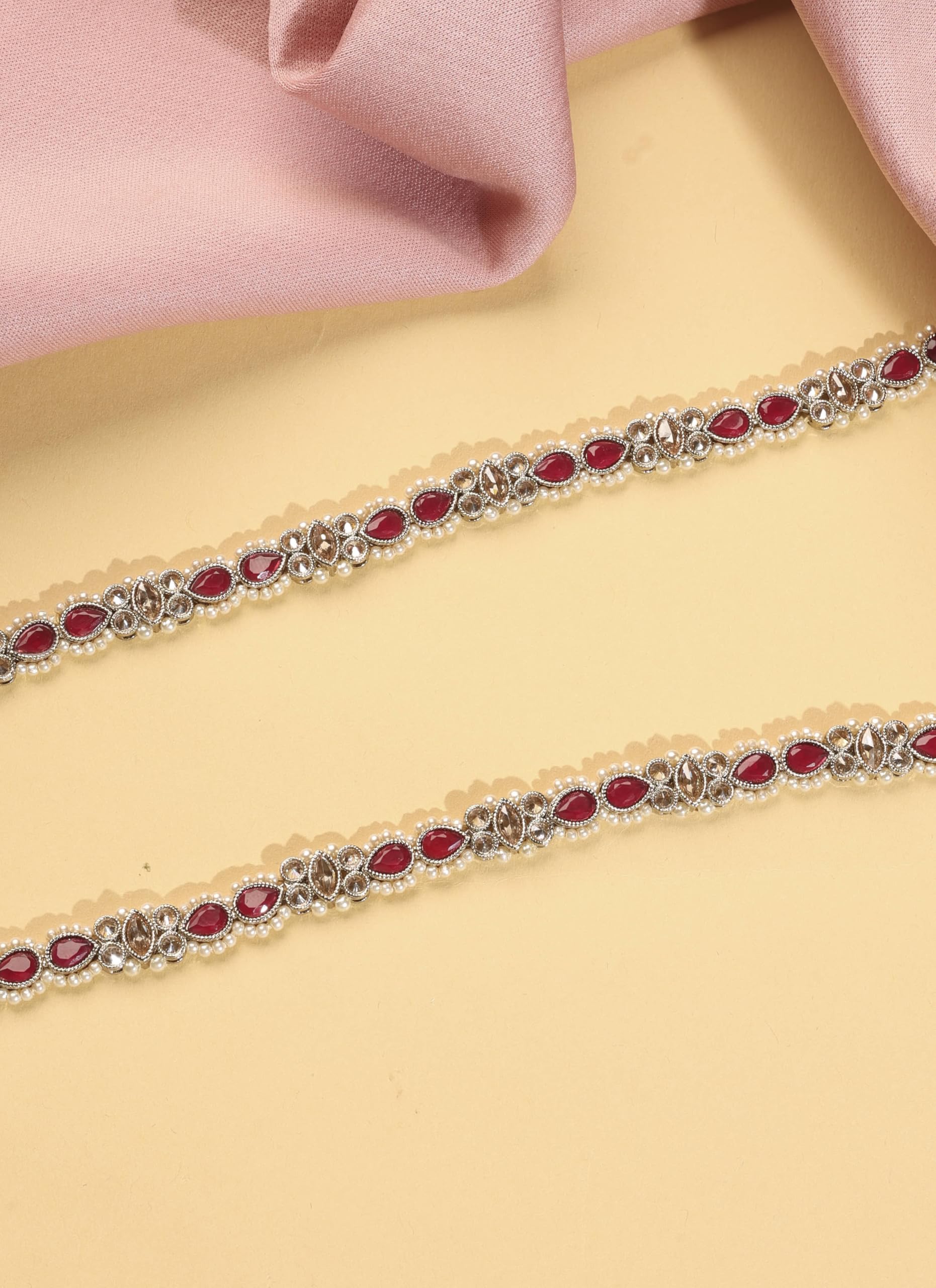 Saloni Fashion Jewellery Desirable Oval Shape and Pearl Ruby Kundan Stone Antique Gold Plated Waist belt(Kamarband) For Women and Girls
