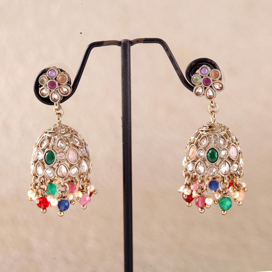 Saloni Fashion Jewellery Pleasing Flower Shape Multi Uncut Kundan Stone Antique Gold Plated Jhumki Earring For Women and Girls