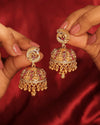 Royal Peacock Design Gold Plated Ruby Kundan Stone Small Golden Balls Brass Jhumki Earring