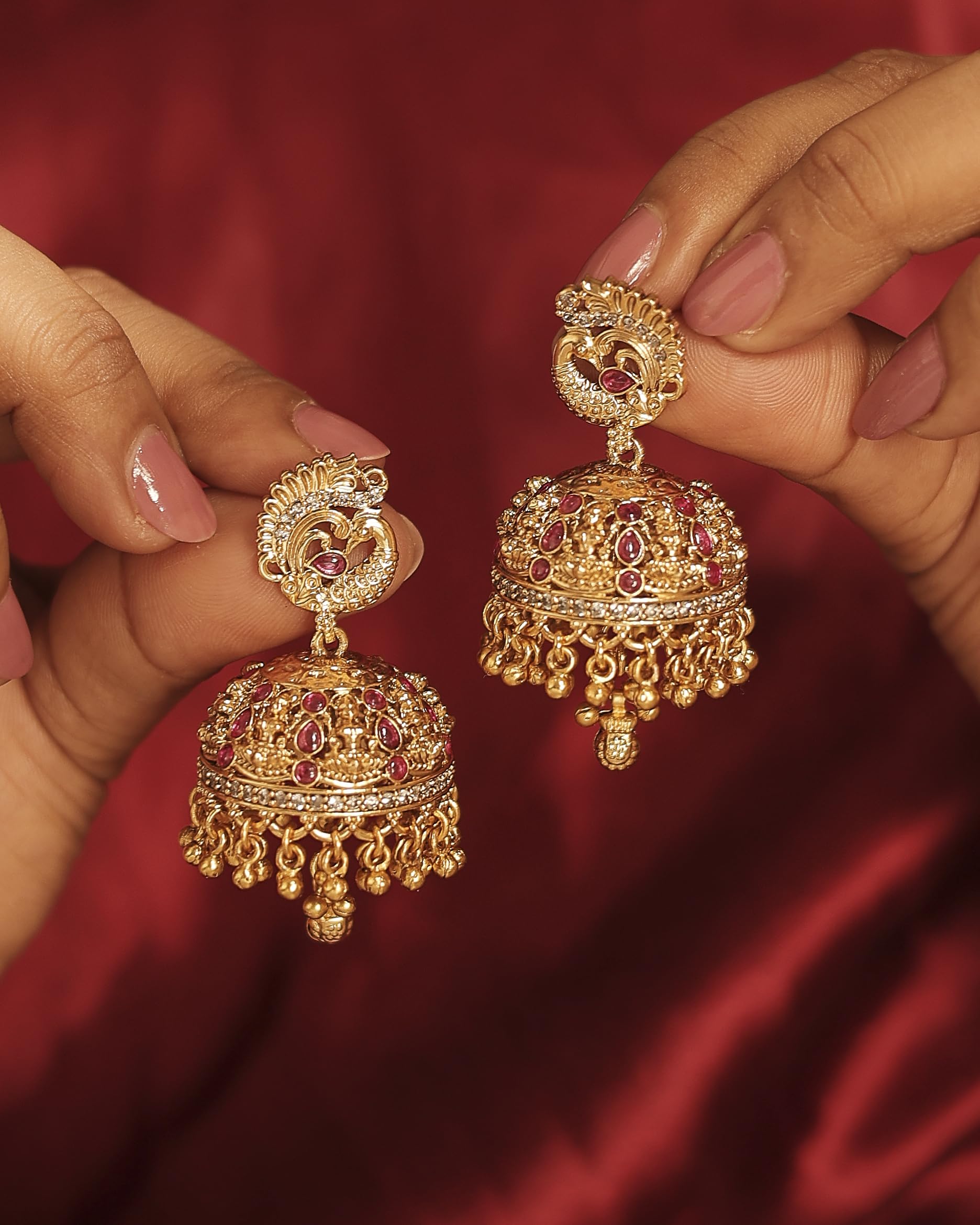 Saloni Fashion Jewellery Royal Peacock Design Gold Plated Ruby Kundan Stone Small Golden Balls Brass Jhumki Earring For Women and Girls