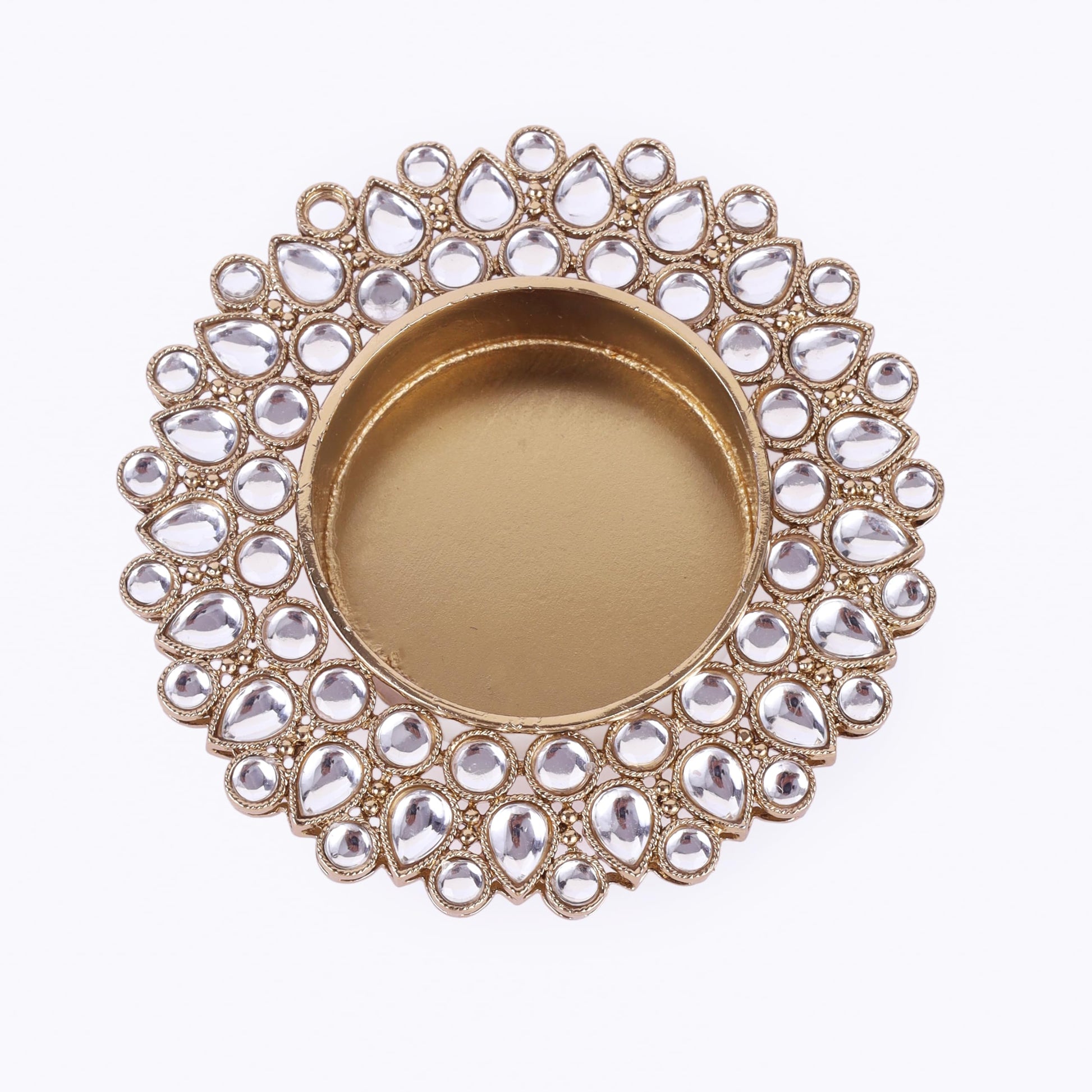 Saloni Fashion Jewellery Traditional Dazzling Oval and Round Shape Brass Gold Plated White Stone Festival Decorative Deep / Diya