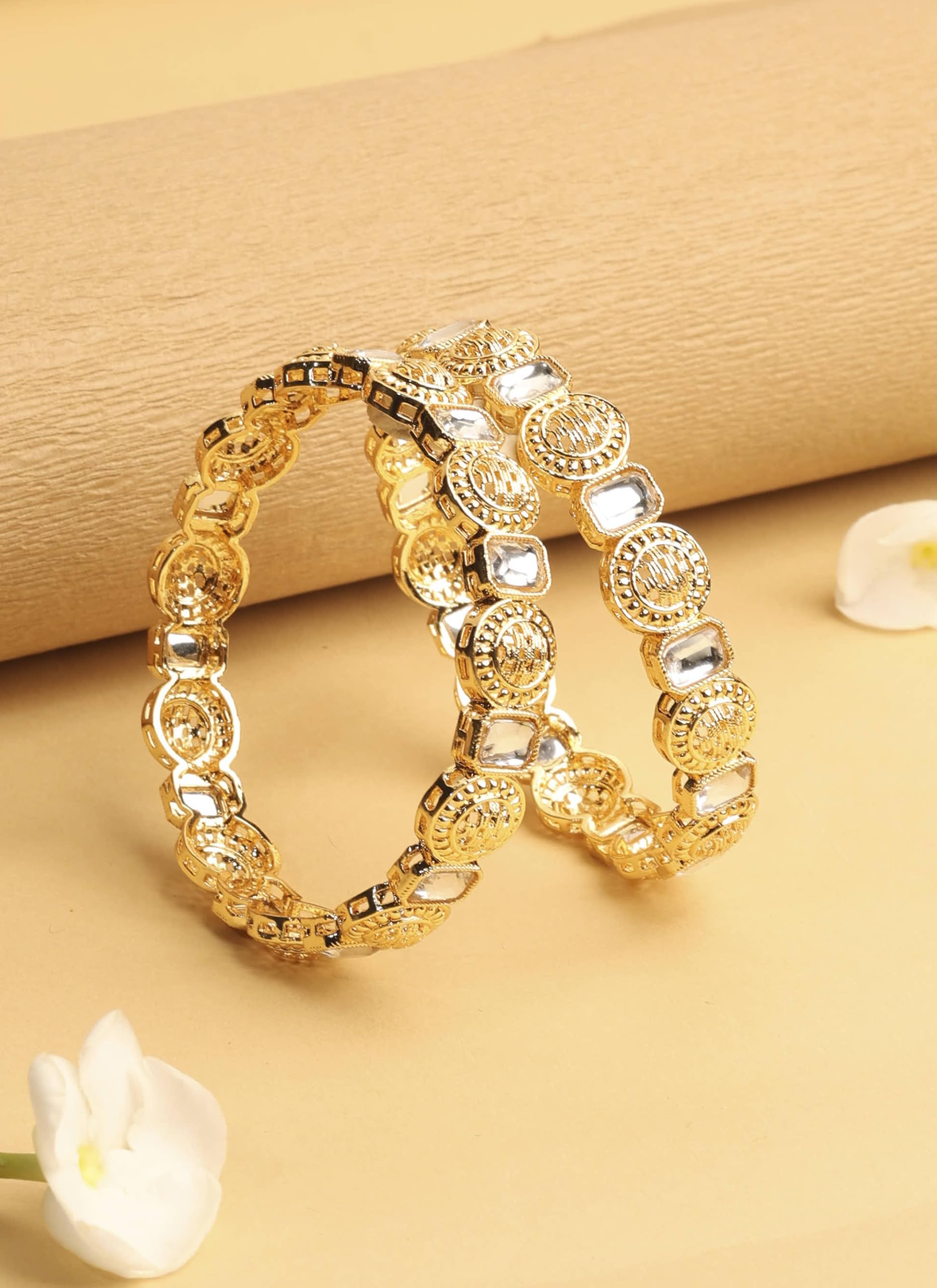 Saloni Fashion Jewellery Traditional Round Shape White Kundan Stone Gold Plated Set of 2 Bangle Set For Women and Girls