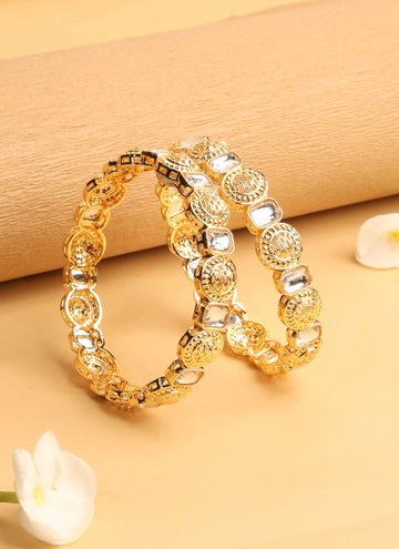 Saloni Fashion Jewellery Traditional Round Shape White Kundan Stone Gold Plated Set of 2 Bangle Set For Women and Girls
