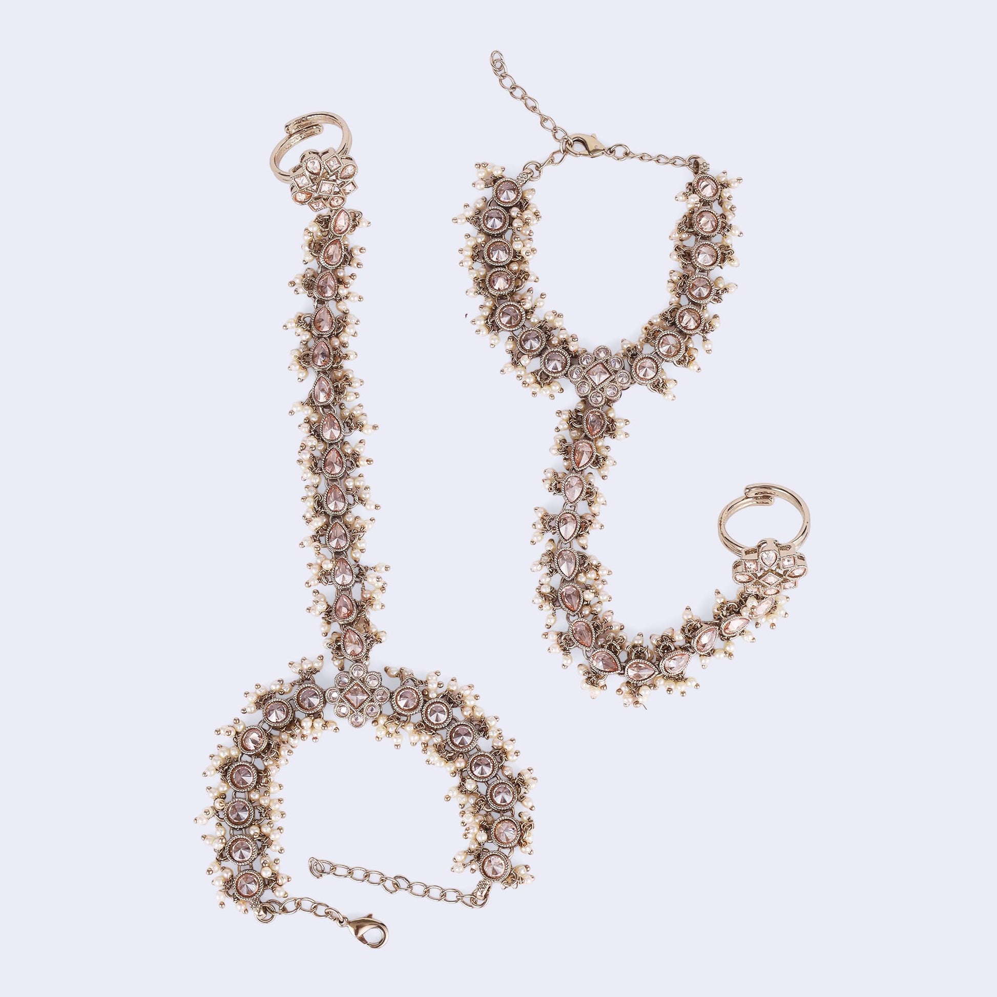 Saloni Fashion Jewellery Traditional Flower and Oval Design Gold Plated Pearl Set of 2 Adjustable Hathphool(Panja) For Women