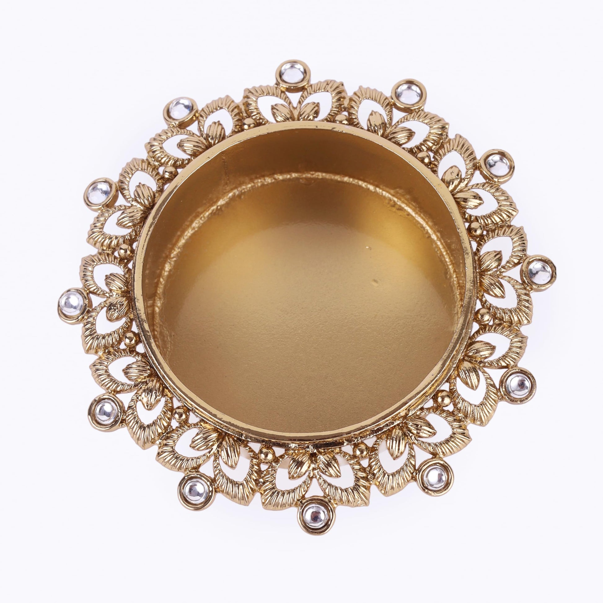 Saloni Fashion Jewellery Traditional Classy Leaf and Round Shape Brass Gold Plated White Stone Festival Decorative Deep / Diya