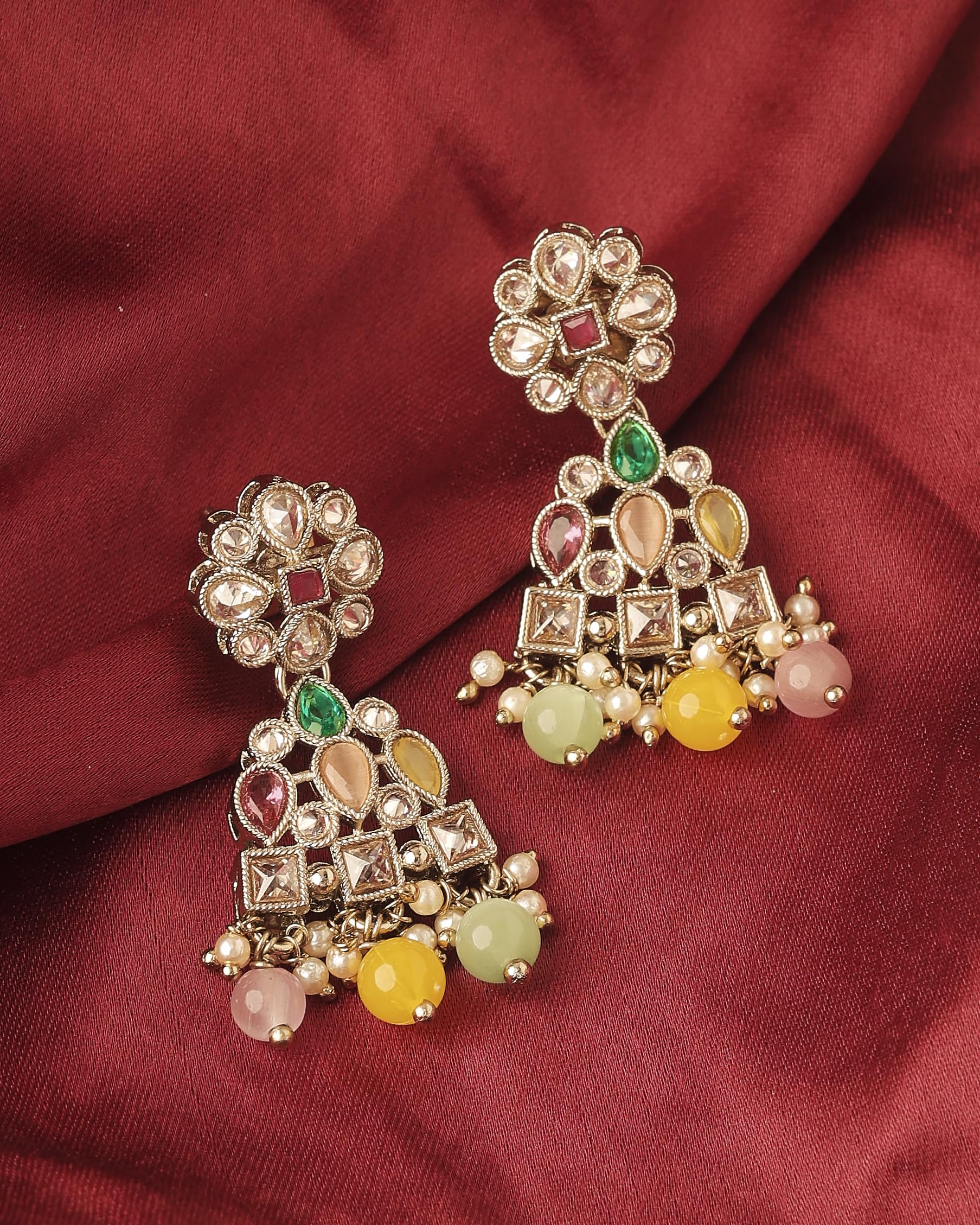Saloni Fashion Jewellery Beautiful Pear and Round Shape Gold Plated Multi Kundan Stone Dangle Earring For Women and Girls