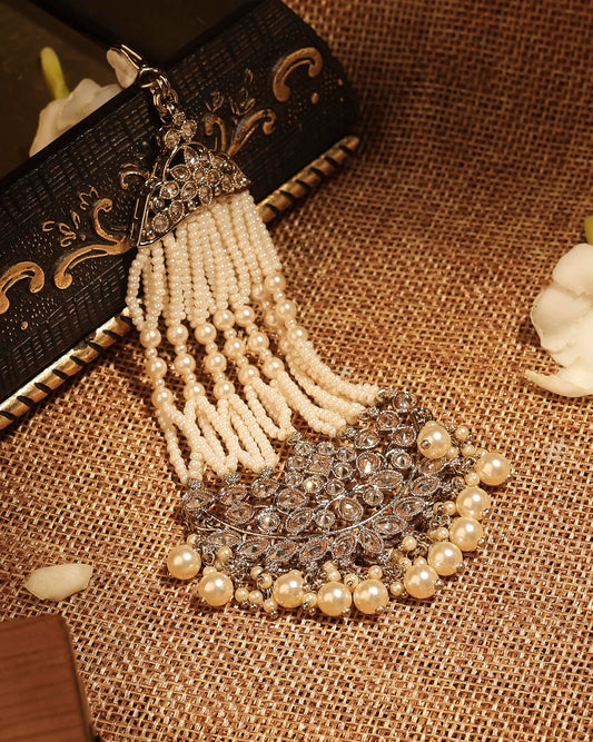 Saloni Fashion Jewellery Lovely Flower and Oval Shape Gold Plated Lariat Pearl Brown Kundan Stone Passa/Matha Patti For Women and Girls