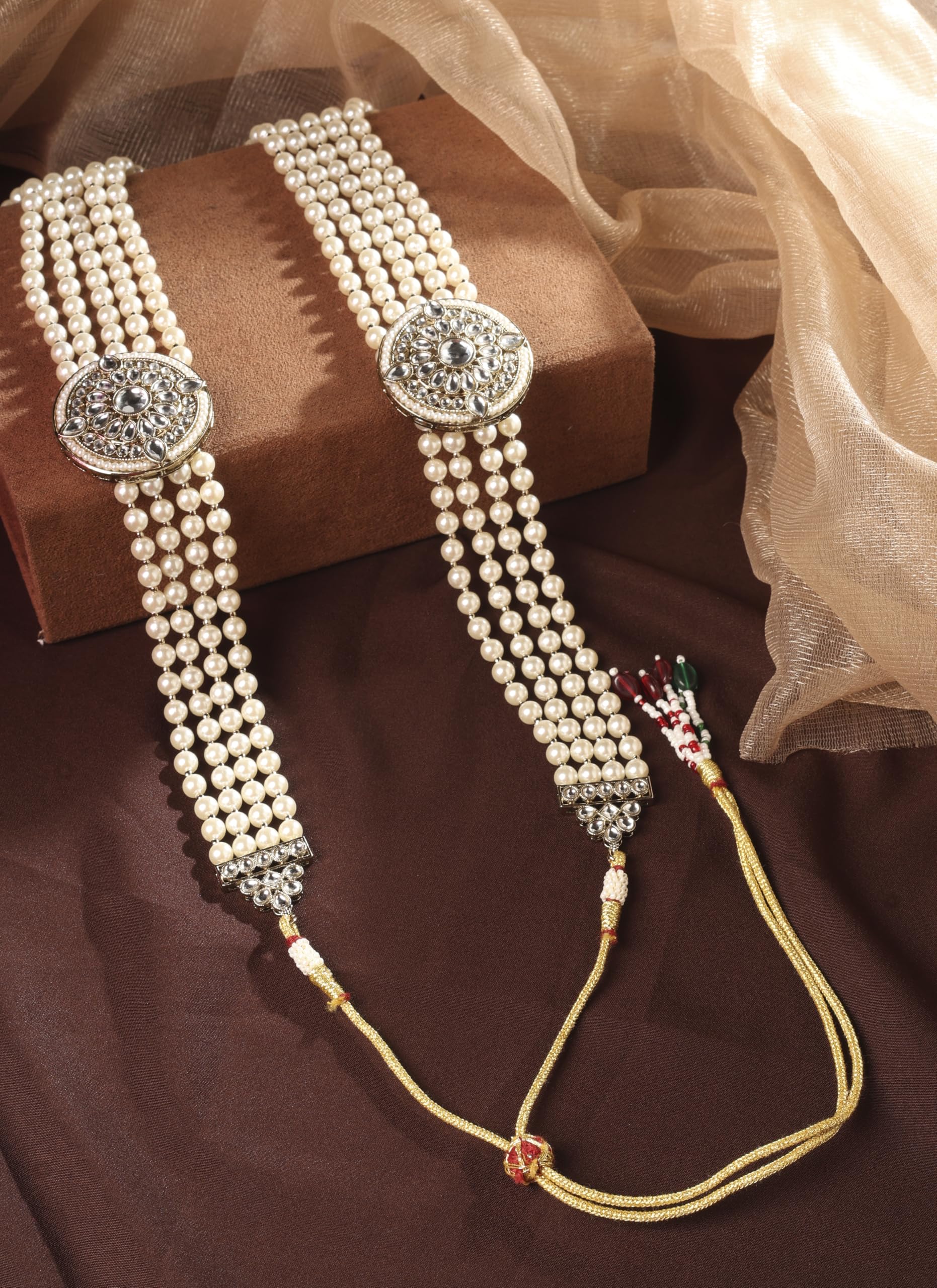 Saloni Fashion Jewellery Luxurious Flower Design Pearl 5 String White Stone Kundan Antique Gold Plated Long Haram Necklace Mala For Women and Girls
