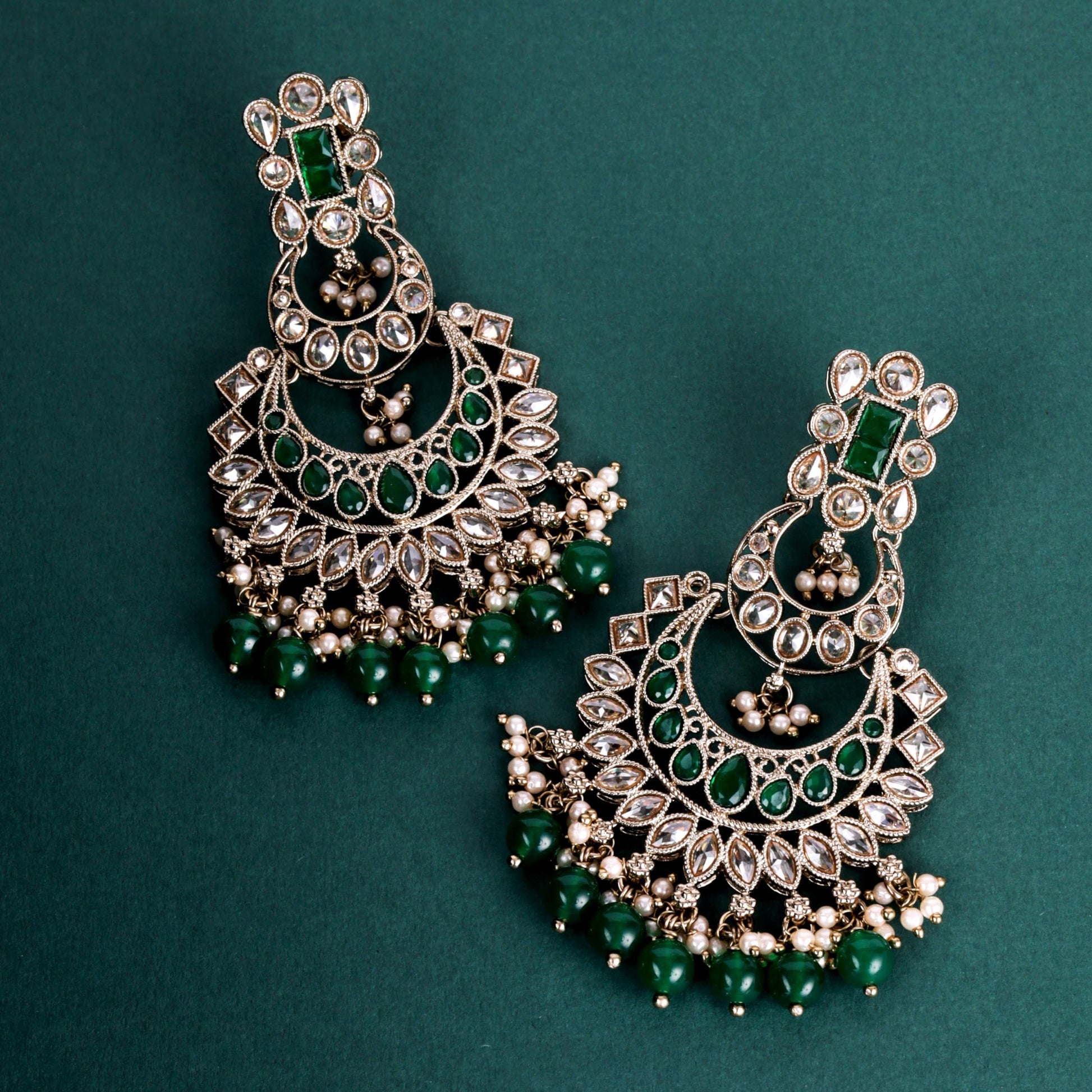 Saloni Fashion Jewellery Gorgeous Pear and Chandelier Shape Mother of Pearl Green Uncut Kundan Stone Antique Gold Plated Earring For Women and Girls