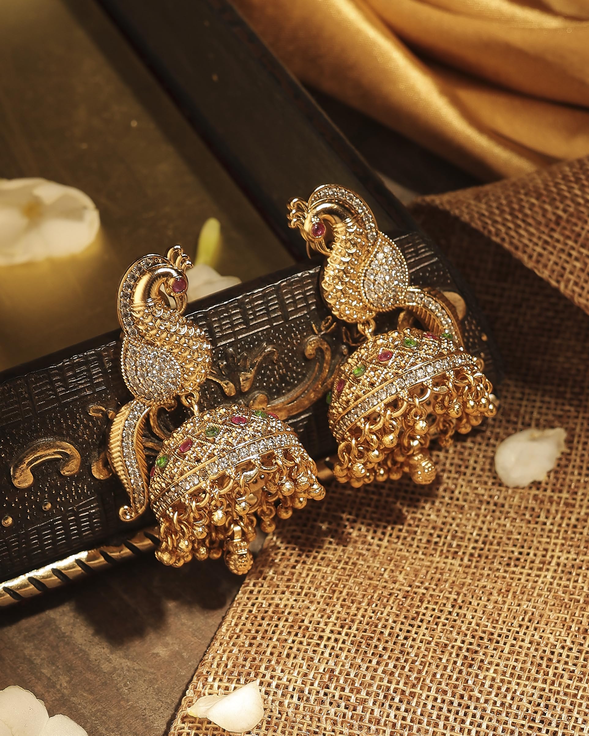 Saloni Fashion Jewellery Pleasant Peacock Design Gold Plated CZ Studded Brass Jhumki Earring For Women and Girls