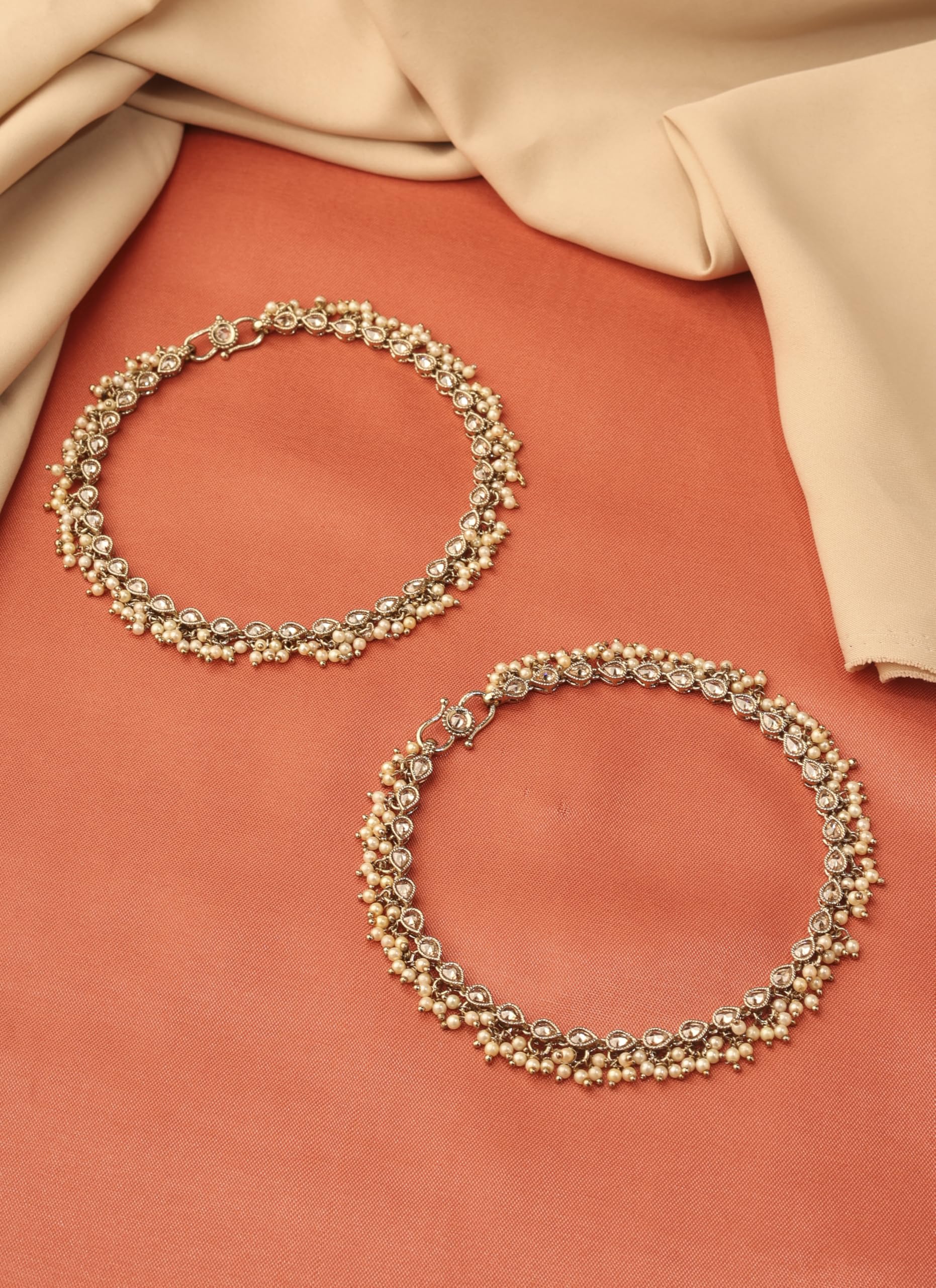 Saloni Fashion Jewellery Stylish Ova Shape Pearl Brown Kundan Stone Antique Gold Plated Anklet(Payel) For Women and Girls