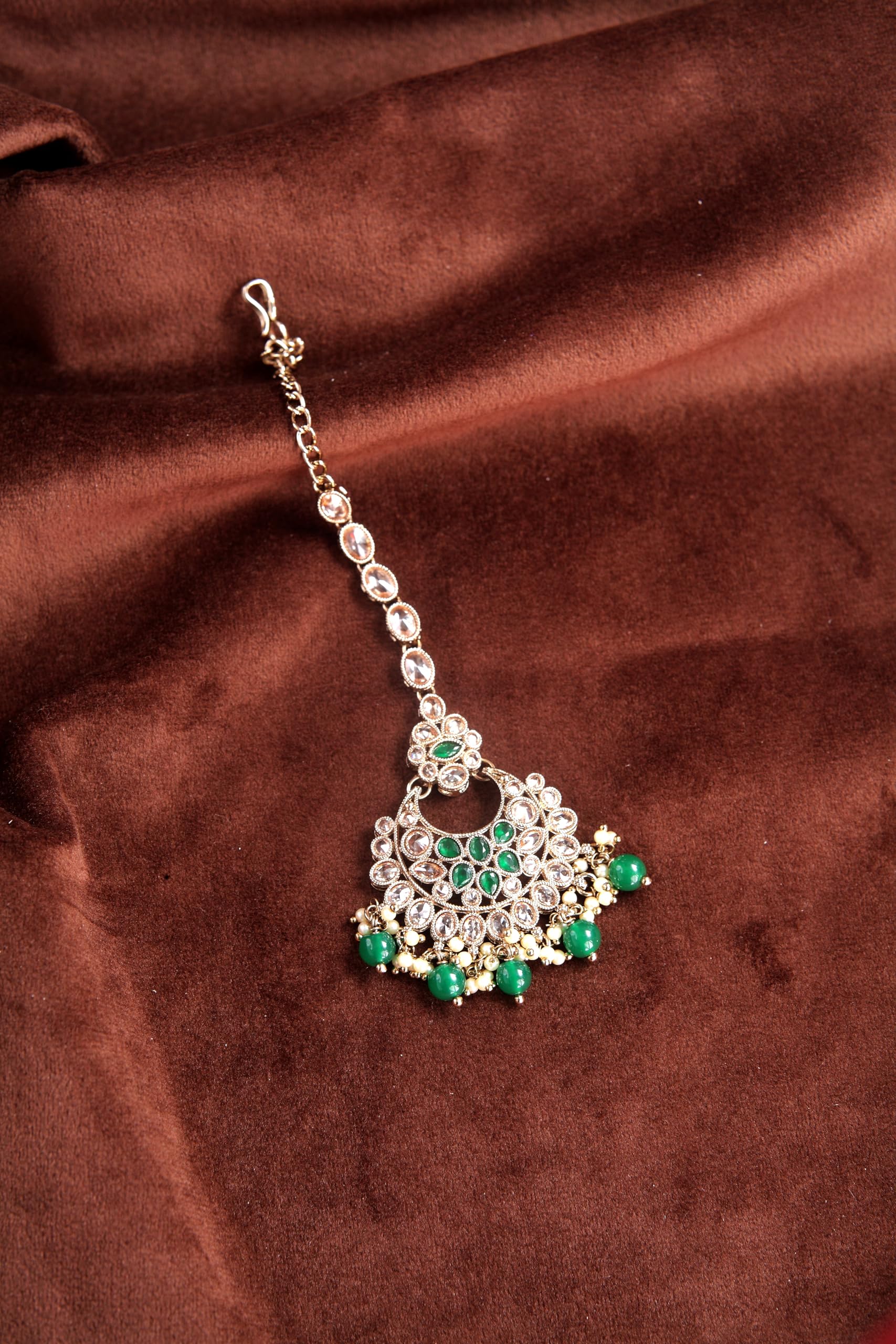 Saloni Fashion Jewellery Good-looking Chandelier Shape Mother of Pearl Green Uncut Kundan Stone Antique Gold Plated Maang Tikka For Women and Girls