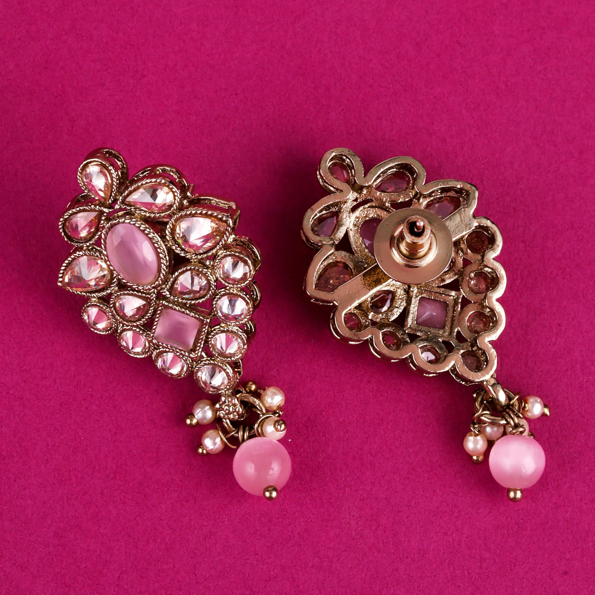 Saloni Fashion Jewellery Graceful Flower Design Pink Uncut Kundan Stone Mother of Pearl Antique Gold Plated Dangle Earring For Women and Girls