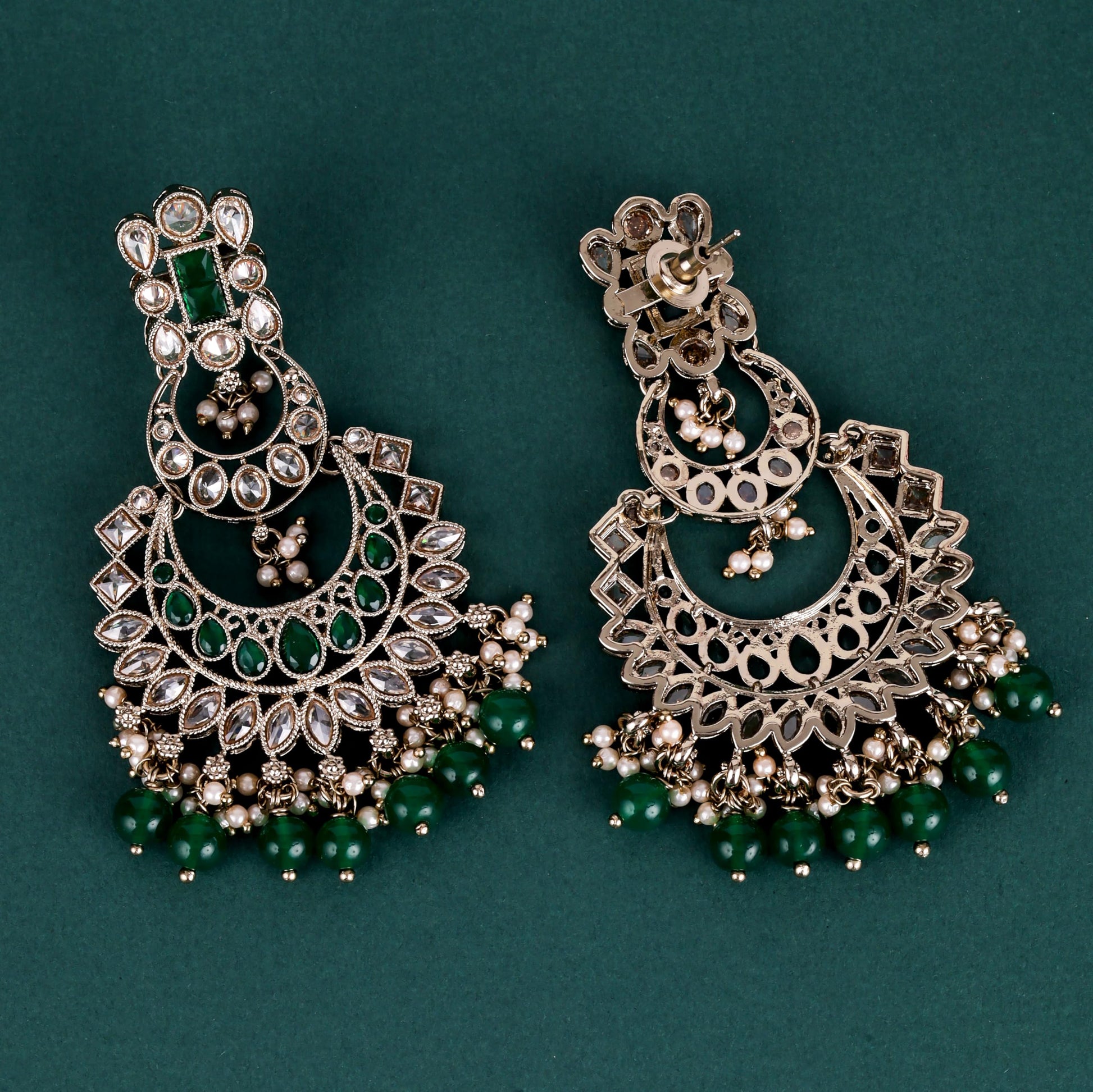 Saloni Fashion Jewellery Gorgeous Pear and Chandelier Shape Mother of Pearl Green Uncut Kundan Stone Antique Gold Plated Earring For Women and Girls