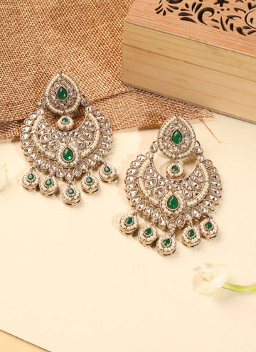 Saloni Fashion Jewellery Modern Chandelier Shape and Pearl Green Kundan Stone Antique Gold Plated Chandelier Earring For Women and Girls